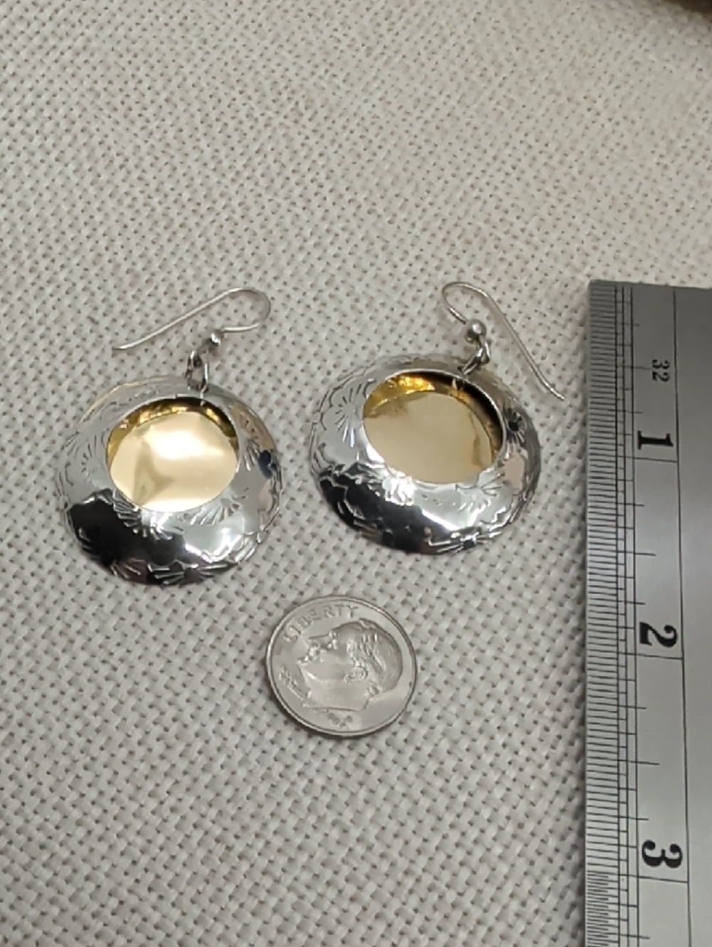 Vintage Sterling Silver Two Tone Stamped Circle Disc Dangle Earrings Artisan - Picture 14 of 17